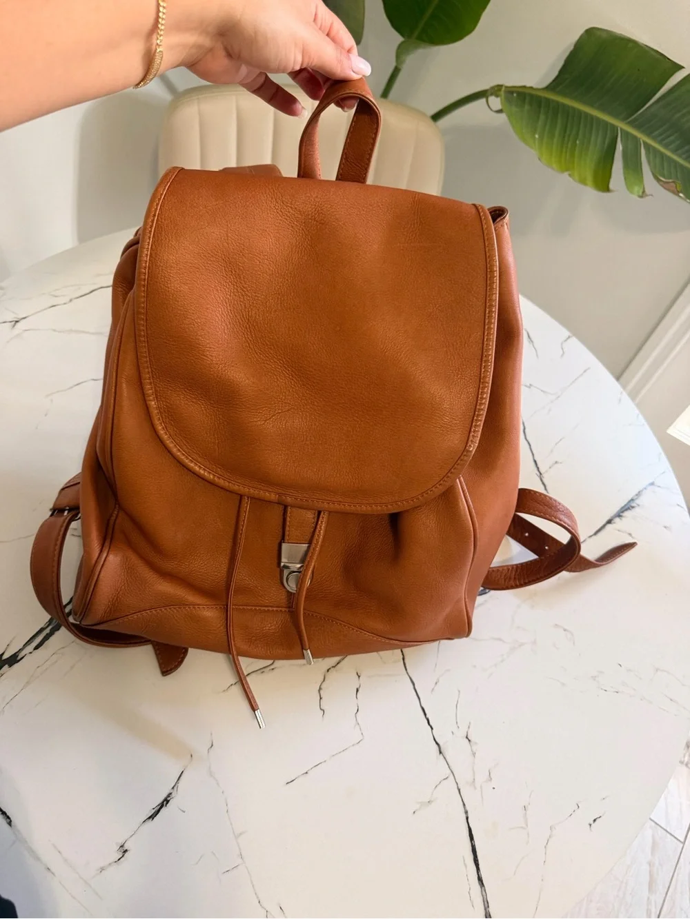 Minimal Tan Leather Drawstring Backpack
